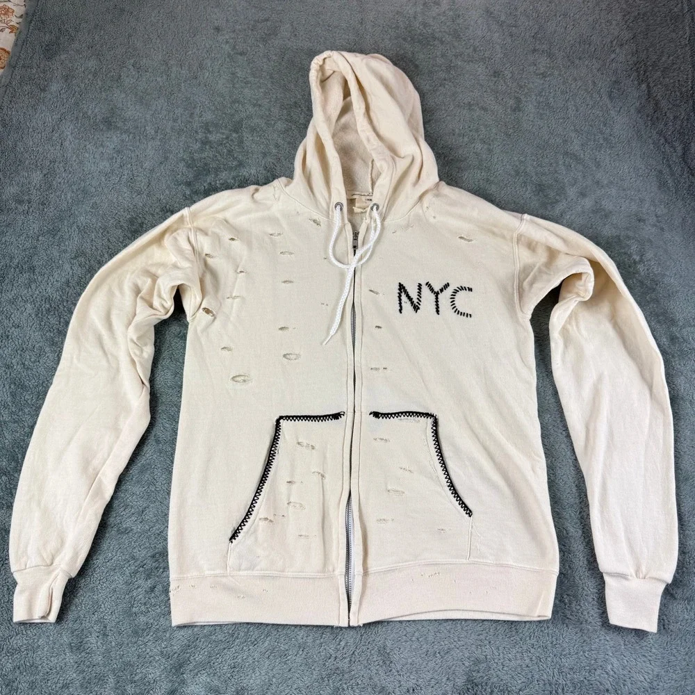 Free People x Tricia Fix Distressed NYC Hoodie Cream Repurposed Vintage XS‎ Zip